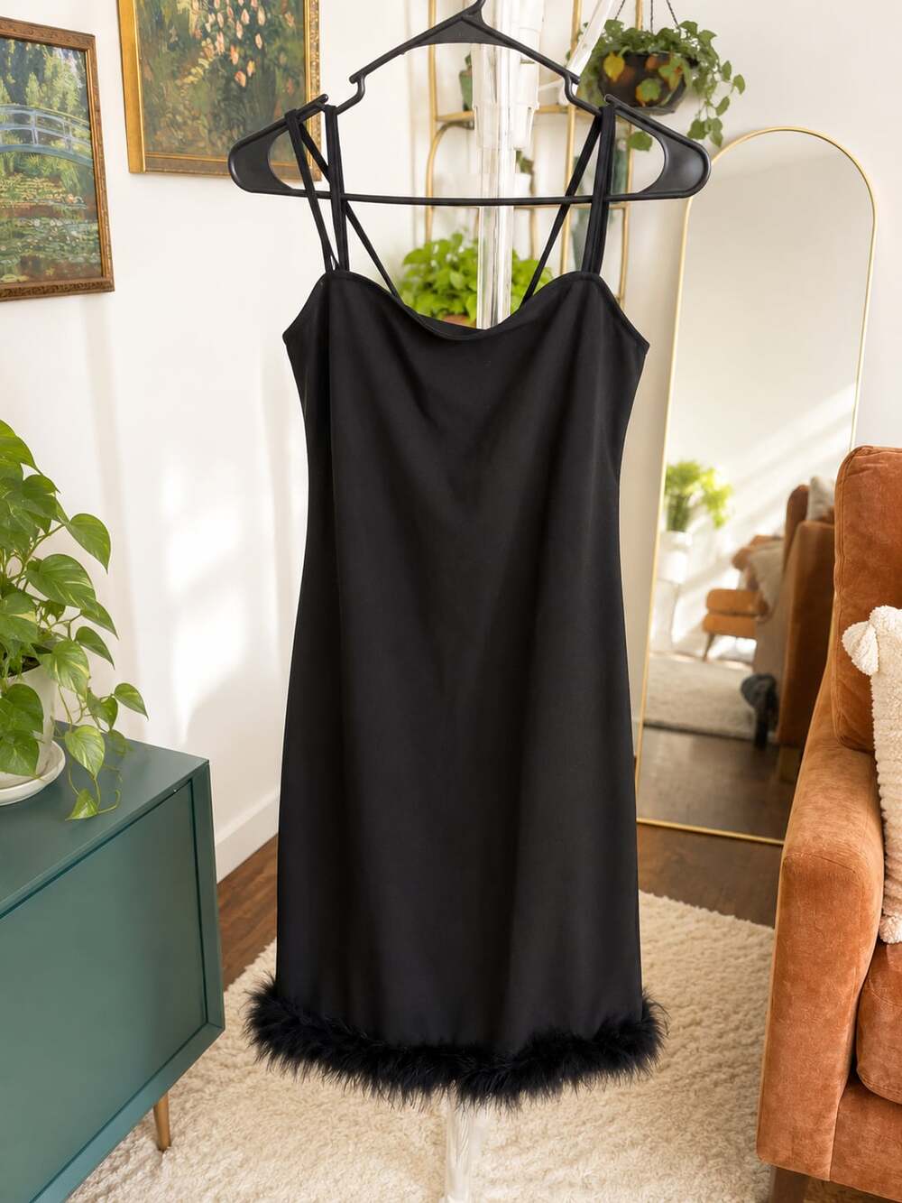 Express Black Feather Trim Cowl Neck Slip Dress Size M
